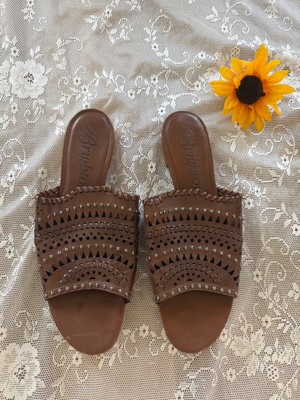 Brighton Brown Studded Slide Sandals with Cutout Design